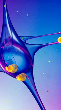 Abstract artistic colorful fluid structure with suspended spheres against a gradiated background, creating visual depth and movement