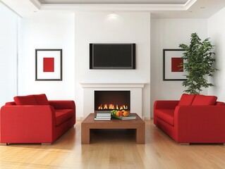 Modern Living Room with Red Sofas and Cozy Fireplace Decor