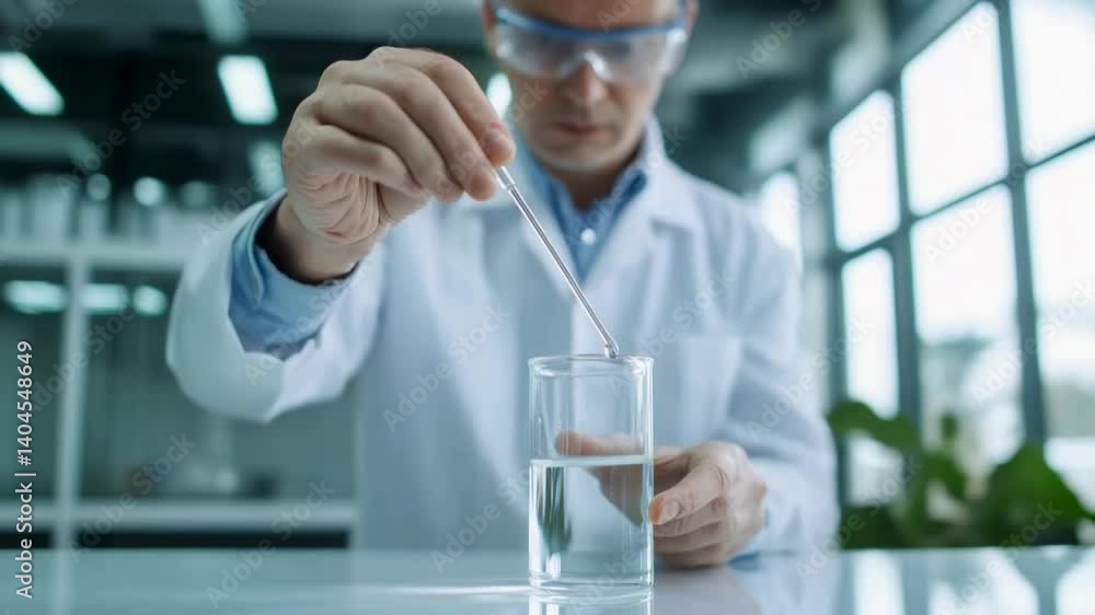 Poster a scientist in a lab coat carefully conducts an analysis of water using a pipette in a contemporary 