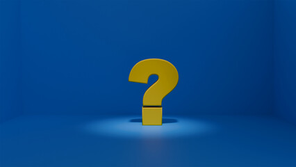3d yellow question mark in a blue room in the colors of the Ukrainian flag