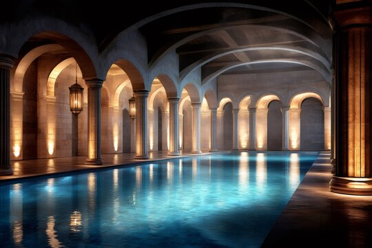 Ancient roman bath with columns and blue water reflecting warm lights