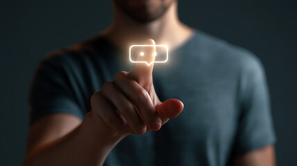 A hand touches an illuminated chat bubble, symbolizing digital communication and connection, against a dark background.