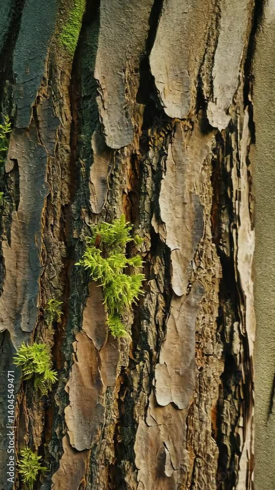 Poster close-up of a textured tree trunk with detailed bark and bright green moss clinging to the rough sur