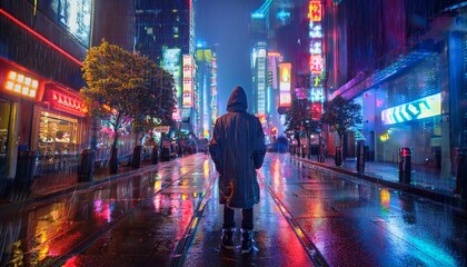 Solitary figure standing on a wet city street in the rain at night