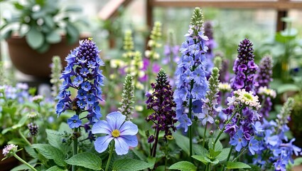 Fototapeta premium Mini Greenhouse Blooms - Blue, Green, and Purple Tanacetum, Verbascum, and Lonicera