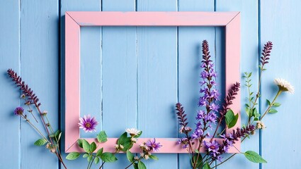 Blue and Pink Wooden Frame with Leaf Mosaic, Eryngium and Iberis Arrangement
