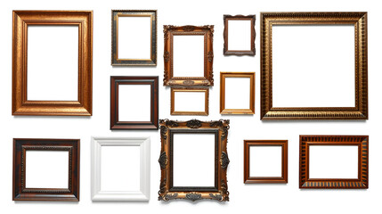 set of multiple picture frames in various sizes and styles, arranged in a gallery wall layout, isolated on a white background
