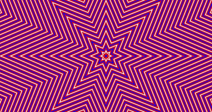 Surreal Red, Blue and White Striped Pattern Shaped as 8 points Star Background, Optical Illusion Animation