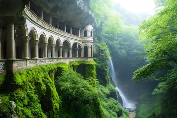 Obraz premium Ancient monastery built into mountain cliff overlooking waterfall in misty forest