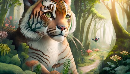 Majestic Tiger in Lush Forest Glade with Butterfly and Mushroom