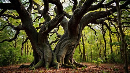 Ancient Oak in Dense Woodland Forest - Natural Beauty