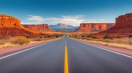 Empty Road, A breathtaking view of a long open road surrounded by stunning red rock formations and majestic mountains. Copy space, 300 dpi, commercial use