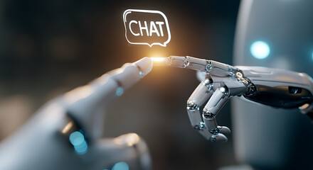 A robotic finger interacting with a digital chat bubble, symbolizing the forefront of artificial intelligence. Capturing the essence of machine-human communication and the digital era.
