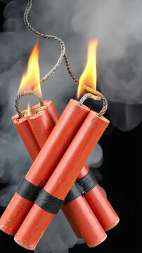 Group of lit dynamite sticks burning against smoky black backdrop, symbolizing danger, destruction, and the concept of explosive consequences.