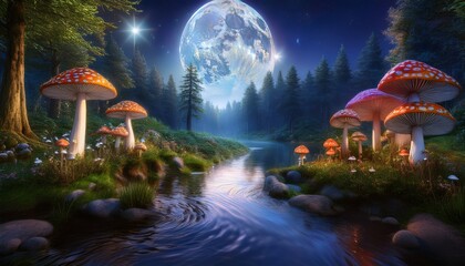 Fantasy landscape featuring giant mushrooms by a stream under moonlight