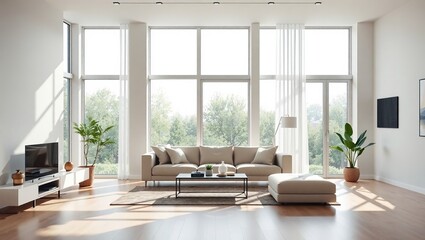 Fototapeta premium Modern Minimalist Living Room with Large Windows - Apartment Interior Design