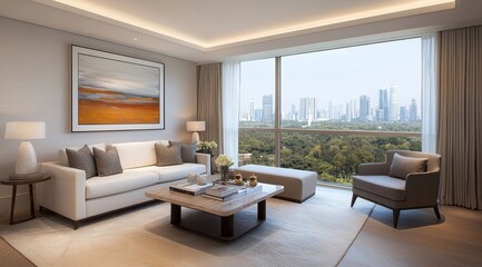 Modern Living Room with Scenic City View and Stylish Decor