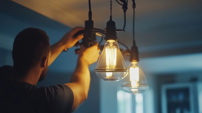 Electrician installing light fixture in living room. Featuring focus and attention to detail