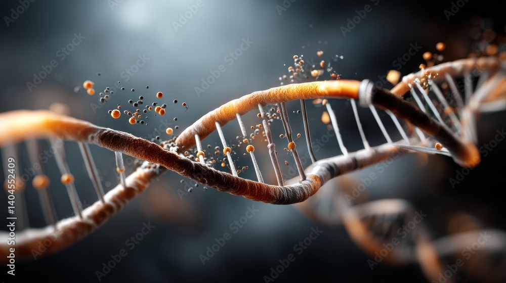Poster 3d visualization of a glowing dna double helix on a dark background