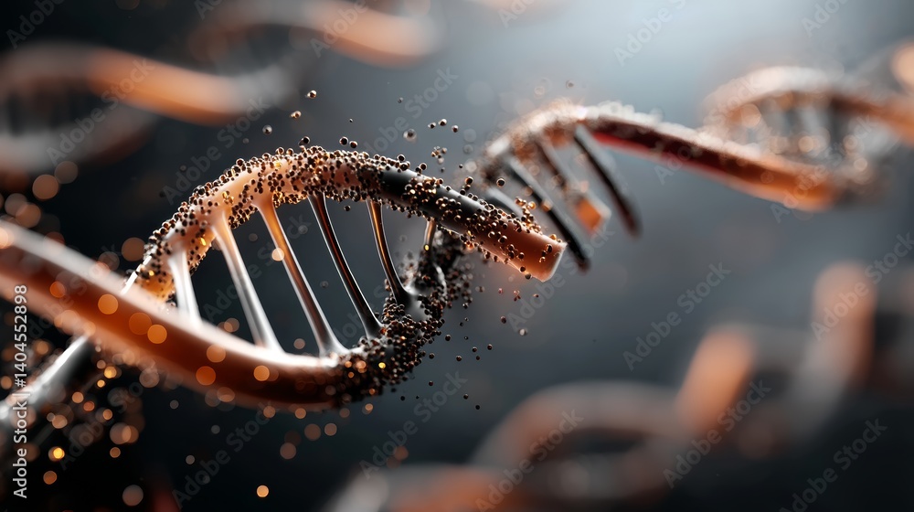 Poster 3d visualization of a glowing dna double helix with floating particles