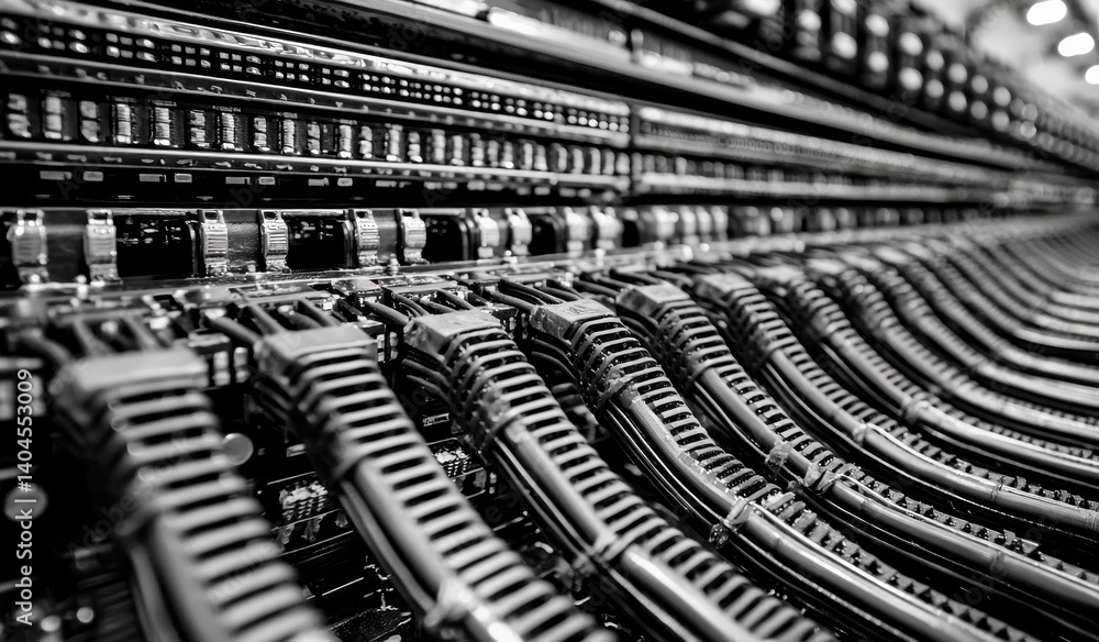 Poster close-up of modern data cables and connectors in network infrastructure