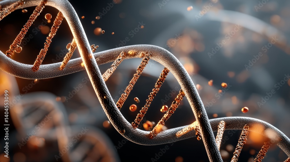 Poster 3d visualization of dna double helix with glowing elements and dark background