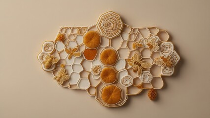 Honeycomb pattern featuring bees honey flowers and circular shapes