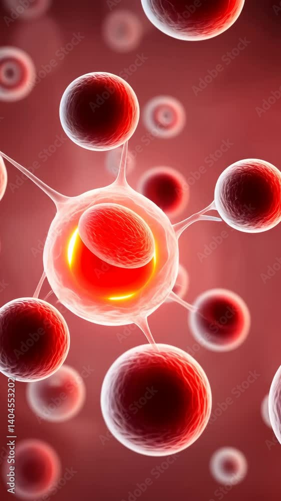 Poster abstract microscopic view of red cells with glowing inner section, interconnected via thin transpare