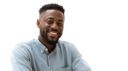 Portrait of handsome african american man smiling wearing a blue shirt studio shot isolated on black on transparent background