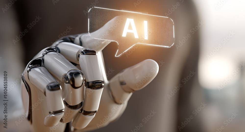 Poster an ai-powered robotic hand interacts with a glowing speech bubble, representing the future of techno
