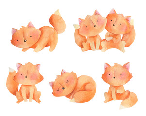 Set of cartoon red foxes, sleeping fox, couple of foxes, funny cute forest animals watercolor illustration. Great for stickers, nursery design, greeting cards, print on clothes.