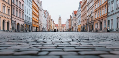 Serene Cobblestone Street View with Historic Buildings and Tower