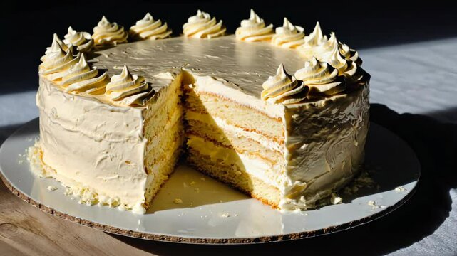 Delicious layered cream cake with buttercream frosting and swirls served on a plate with a missing slice revealing multiple layers.