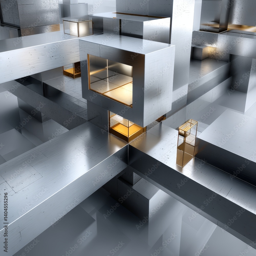 Poster abstract 3d composition of interlocking geometric shapes with metallic surfaces and soft lighting