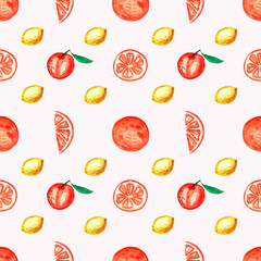 Seamless pattern of fresh citrus fruits. Orange, lemon and tangerine on a white background. Food print for fabric and textile. Watercolor illustration