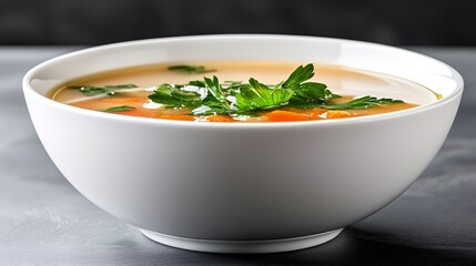 White bowl containing fresh vegetable soup with parsley garnish