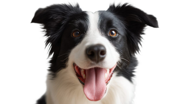 Border collie dog portrait close up black and white pet animal canine happy smiling face adorable puppy on transparent background