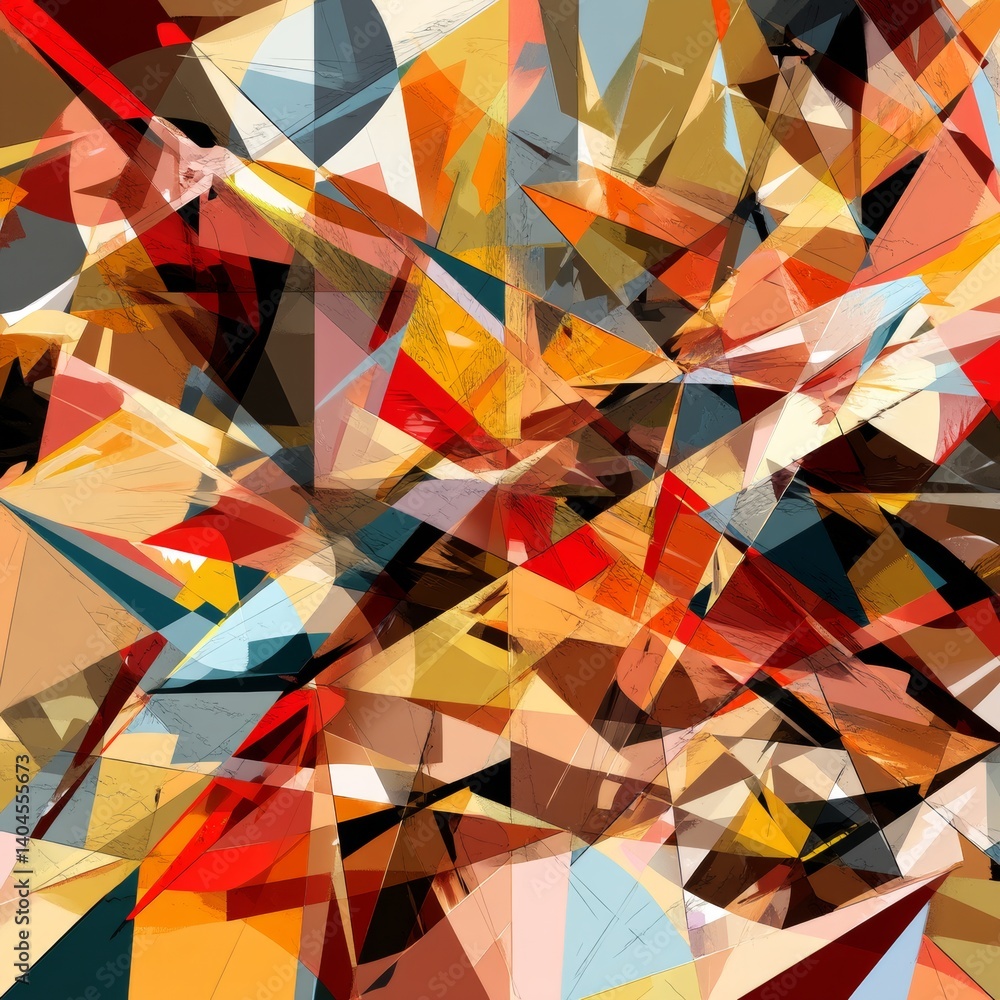 Poster abstract explosion of geometric shapes in vibrant colors with dynamic angles and textures