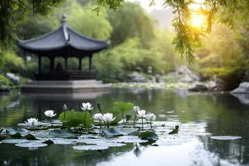 White lotus flowers blooming in pond of traditional chinese garden at sunset