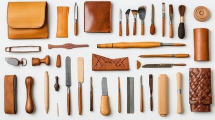 Elegant Leather Crafting Tools and Accessories Displayed on White Background for Artisans