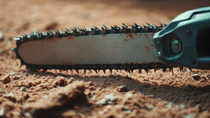 close up view of chainsaw blade resting on ground, showcasing its sharp teeth and metallic surface. surrounding area is covered in dirt and debris, creating rugged atmosphere