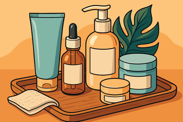 Skincare products arranged aesthetically on a wooden tray