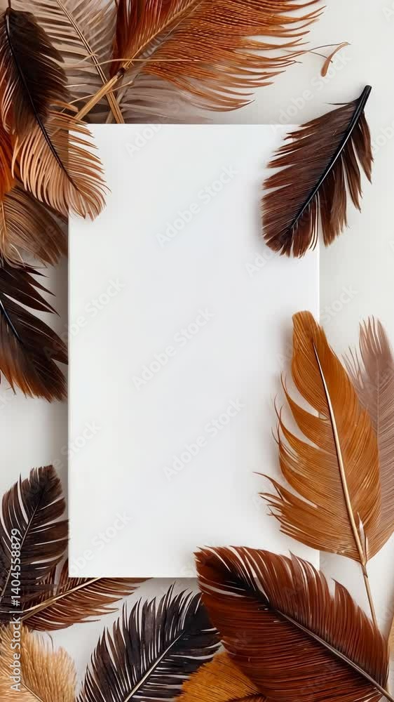 Poster blank white rectangular frame surrounded by elegant feathers in warm earth tones on clean background
