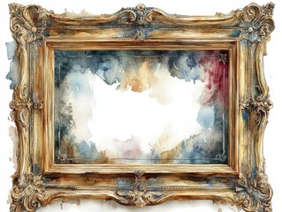 Ornate Gilded Frame with Watercolor Interior: A Detailed Image of a Decorative Picture Frame Showcasing Intricate Details and Subtle Color Variations