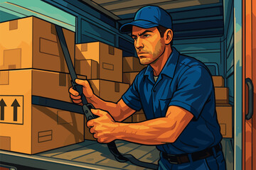 Delivery driver securing packages inside a freight truck