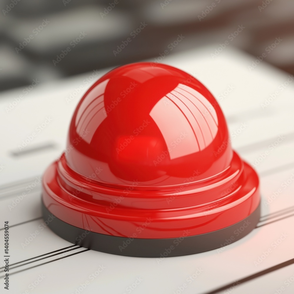 Poster bright red alert button with glossy surface and shiny texture