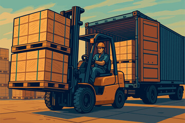 Naklejka premium Forklift loading pallets into freight container for export
