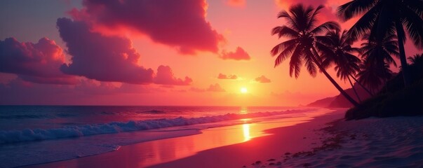 Fiery orange and pink sunset over tranquil beach, dark palm trees , palm trees, golden hour, sand