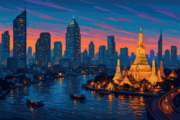 Fototapeta premium Twilight skyline of Bangkok with temples, river and glowing city lights
