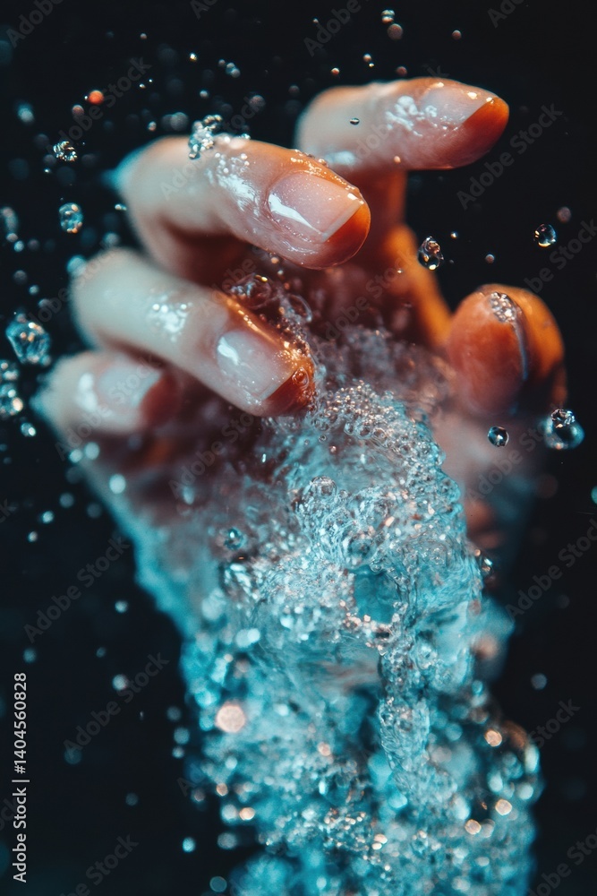 Poster tranquil fluid dynamics ethereal hand in aqua blue liquid motion - creative visual metaphor for emot